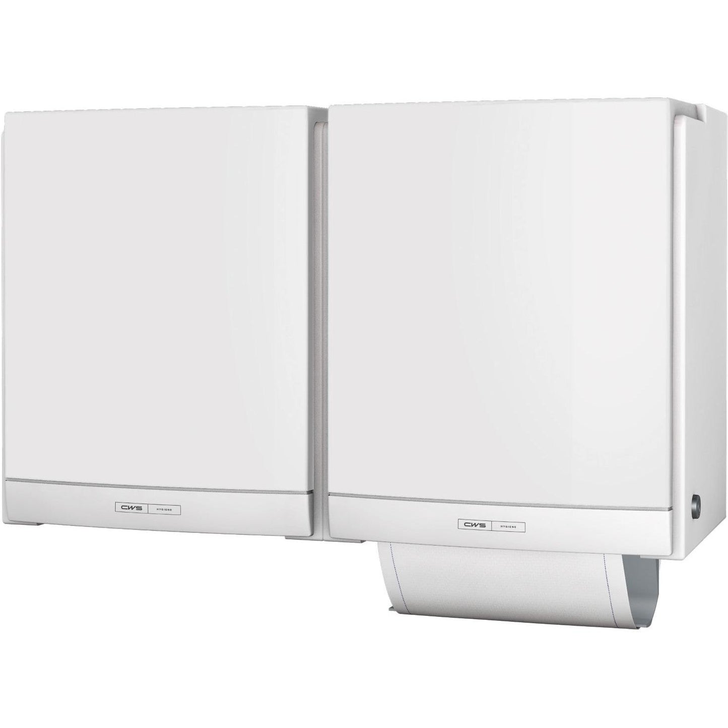 Two white CWS ParadiseLine DUO cloth towel dispensers with white panels are mounted side by side, providing an eco-friendly and hygienic solution for restrooms. One towel is visible in each eco-friendly unit.