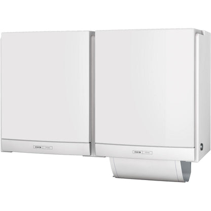 Two white CWS ParadiseLine DUO cloth towel dispensers with white panels are mounted side by side, providing an eco-friendly and hygienic solution for restrooms. One towel is visible in each eco-friendly unit.