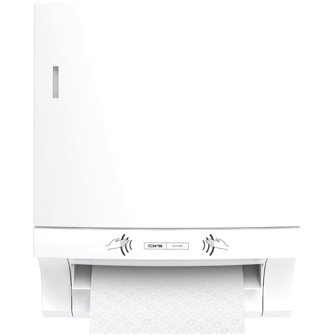 The CWS ParadiseLine paper towel roll dispenser Paperroll NT including Panel White is wall-mounted and dispenses patterned paper towels touchlessly, ensuring hygienic hand drying - perfect for professional use.
