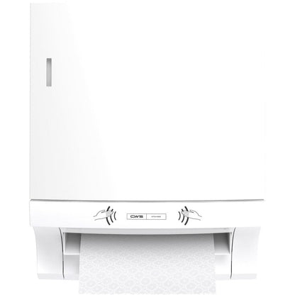 The CWS ParadiseLine paper towel roll dispenser Paperroll NT including Panel White is wall-mounted and dispenses patterned paper towels touchlessly, ensuring hygienic hand drying - perfect for professional use.