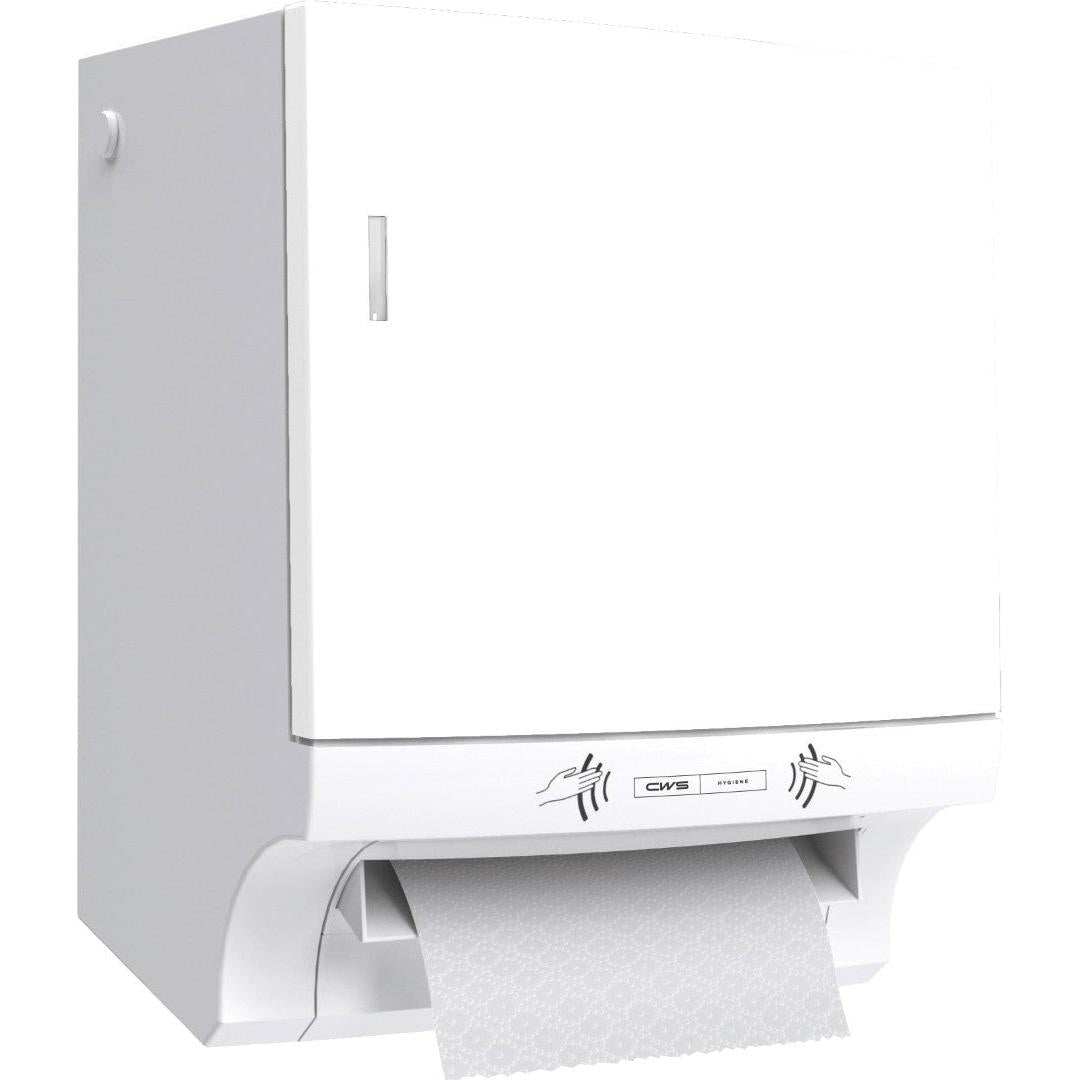Der CWS ParadiseLine Papierhandtuchrollenspender Paperroll NT inkl. Panel in Weiß ist ein wandmontierter Spender für hygienisches Händetrocknen-perfekt für den professionellen Gebrauch. Ein Teil des gemusterten Papiers ist sichtbar.