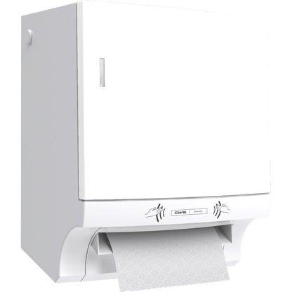 The CWS ParadiseLine paper towel roll dispenser Paperroll NT incl. Panel in White is a wall-mounted dispenser for hygienic hand drying - perfect for professional use. Part of the patterned paper is visible.