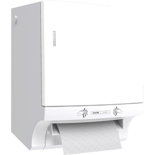 Der CWS ParadiseLine Papierhandtuchrollenspender Paperroll NT inkl. Panel in Weiß ist ein wandmontierter Spender für hygienisches Händetrocknen-perfekt für den professionellen Gebrauch. Ein Teil des gemusterten Papiers ist sichtbar.