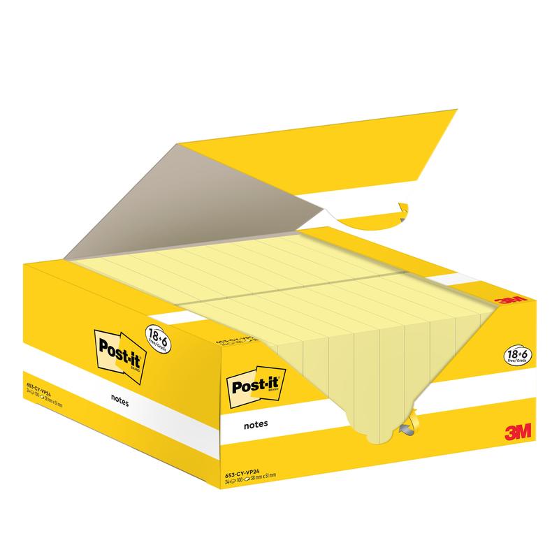 An opened yellow-white box of Post-it® Notes (3M Deutschland GmbH) shows several yellow notes inside. The carton contains 18 blocks + 6 free (38x51mm, 100 sheets/block), PEFC certified, with logo and product details.