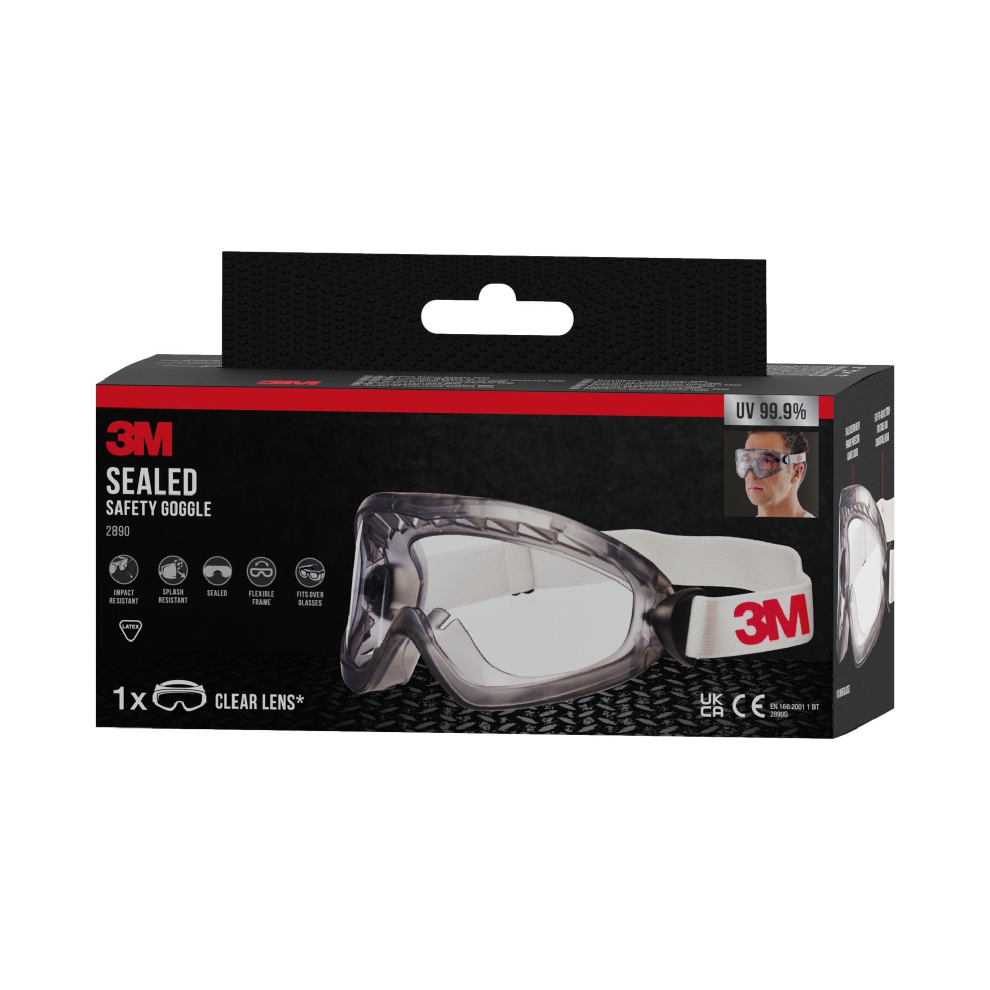 Abgebildet ist eine schwarz-rote Schachtel der 3M™ Schutzbrille 2890, versiegelt, Klarsichtscheibe (1 Stück) von 3M Deutschland GmbH mit Produktabbildungen, Symbolen, Angaben zum UV-Schutz von 99,9 % und Zertifizierungszeichen auf der Verpackung.