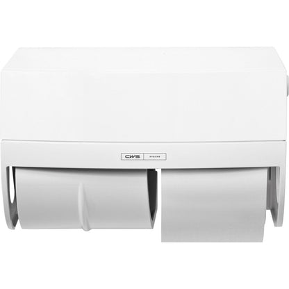 The CWS ParadiseLine toilet paper dispenser Toilet paper including Panel White holds two rolls (one full, one partial), is wall-mounted, and bears the CWS logo - ideal for any bathroom area.