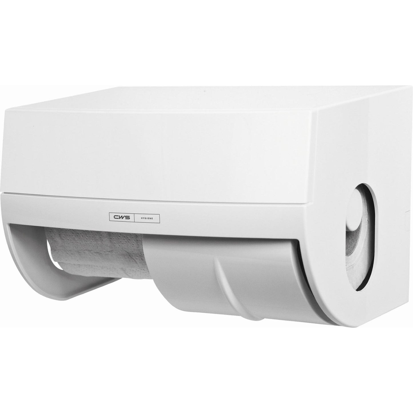 The CWS ParadiseLine toilet paper dispenser Toilet paper including Panel White is a wall-mounted, white rectangular dispenser with visible paper roll and front label, ideal for any bathroom area. Brand: CWS. Includes 1 piece.