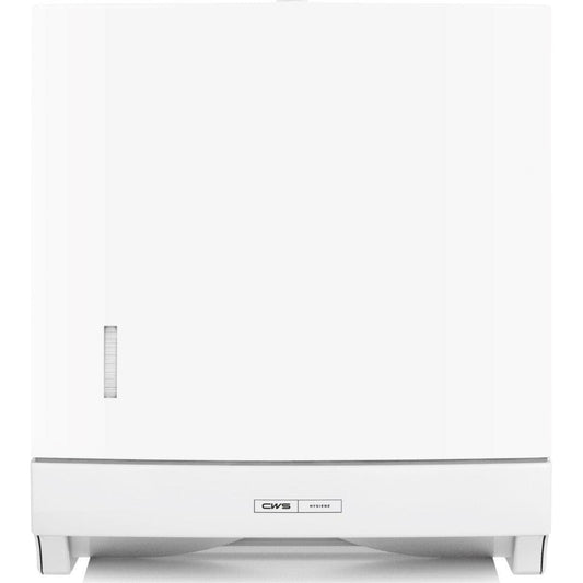 Der CWS ParadiseLine Faltpapierhandtuchspender Paper Slim inklusive Panel Weiß (mit Schloss) von CWS ist ein weißer Wandspender mit kleinem, transparentem Seitenfenster und "CWS"-Etikett auf der Vorderseite, der hygienisches Händetrocknen ermöglicht.
