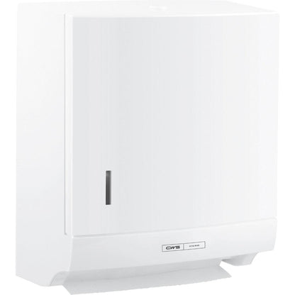Der CWS ParadiseLine Faltpapierhandtuchspender Paper Slim in Weiß mit Schloss von CWS besitzt ein Sichtfenster für den Papierstand und das "CWS Hygiene" Label unten - ideal für hygienisches Händetrocknen.