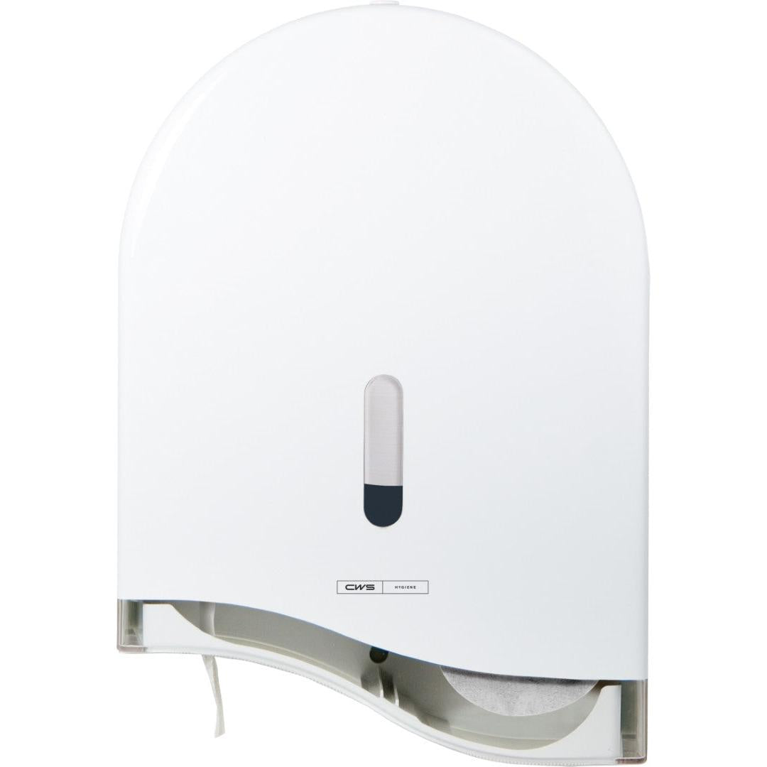 Der CWS ParadiseLine Großrollen-Toilettenpapierspender TPS Superroll, Panel Weiß, mit Schloss, hat ein kleines Sichtfenster für den Papierstand und einen Bodenschlitz für die einfache Entnahme - perfekt für jede Toilette.