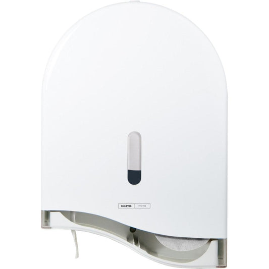 Der CWS ParadiseLine Großrollen-Toilettenpapierspender TPS Superroll, Panel Weiß, mit Schloss, hat ein kleines Sichtfenster für den Papierstand und einen Bodenschlitz für die einfache Entnahme - perfekt für jede Toilette.
