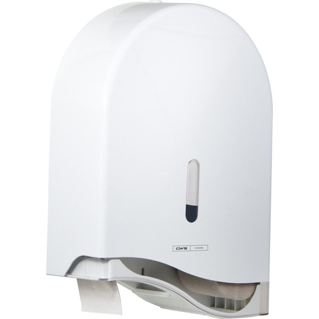 The CWS ParadiseLine jumbo roll toilet paper dispenser TPS Superroll in white features a lock, a transparent viewing window for paper level control, and a TPS Superroll indicator at the bottom.