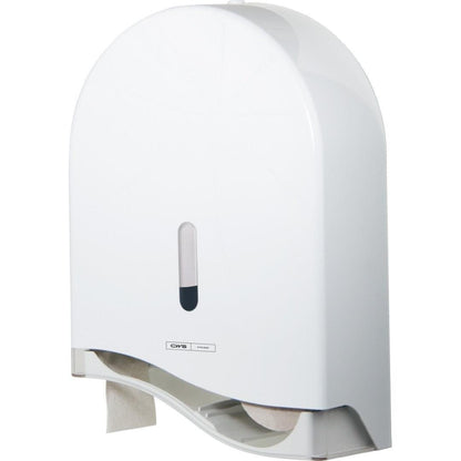 The CWS ParadiseLine jumbo roll toilet paper dispenser TPS Superroll, white panel, features a lock, a small vertical viewing window for indicating paper level, and an opening at the bottom for easy removal.