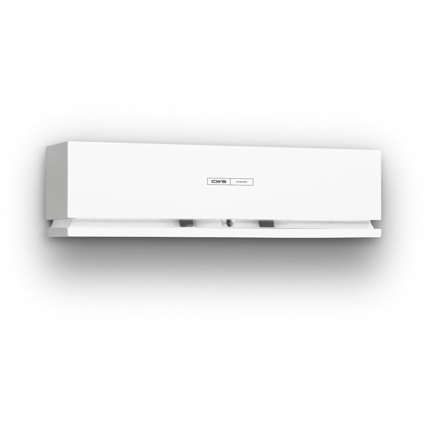 The CWS ParadiseLine Air Bar fragrance dispenser in white features a modern, rectangular, wall-mounted design with a subtle logo and model information on the front panel. The stylish appearance blends into any room, and the lower vent is slightly open for optimal performance.