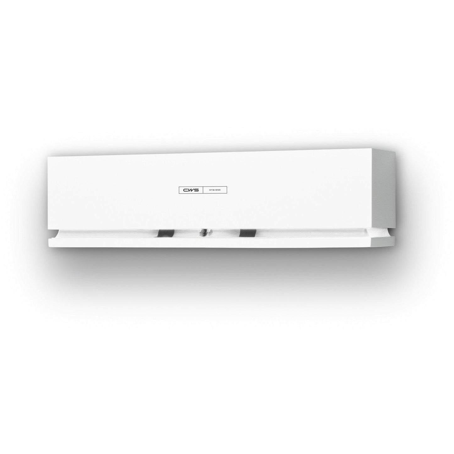 The CWS ParadiseLine Air Bar fragrance dispenser plastic (white) is a wall-mounted air freshener with a modern rectangular design, a small label in the center, and a slightly open lower outlet. Includes cover; 1 piece.