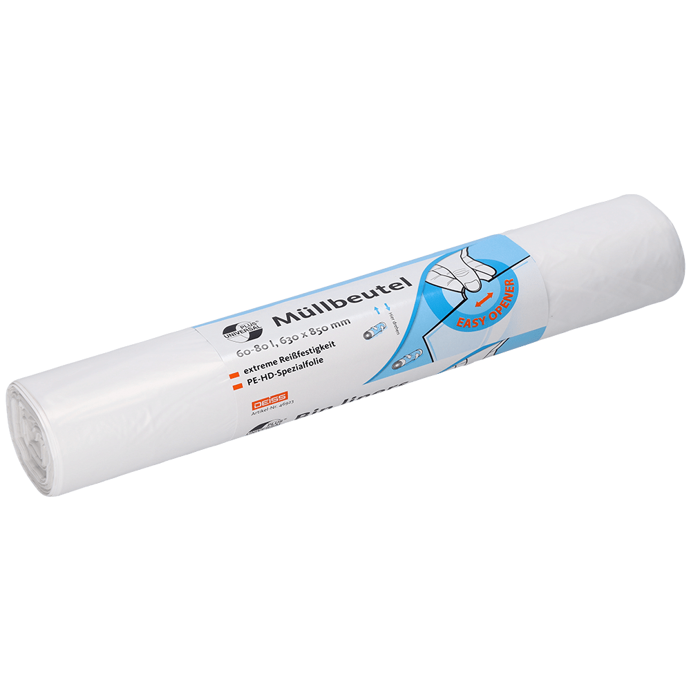 A roll of white EMIL DEISS KG DEISS 46923 garbage bags (630x850x0.01 mm, 50 pieces) features German packaging with a blue and white label showing a hand pulling a bag, highlighting the easy opening and product details.
