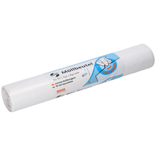 Eine Rolle weißer EMIL DEISS KG DEISS 46923 Müllbeutel (630x850x0,01 mm, 50 Stück) weist eine deutsche Verpackung mit einem blau-weißen Etikett auf, das eine Hand zeigt, die einen Beutel zieht, und hebt das einfache Öffnen und die Produktangaben hervor.