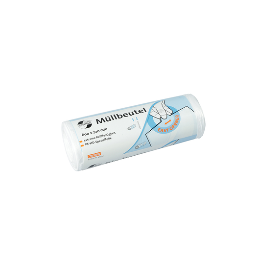Eine Rolle EMIL DEISS KG (GmbH + Co.) DEISS 46930 Müllbeutel, 600x720 mm weiß, wird in einer 50er-Packung mit extra reißfester PE-HD-Spezialfolie und bebilderter Öffnungsanleitung auf der Verpackung geliefert.