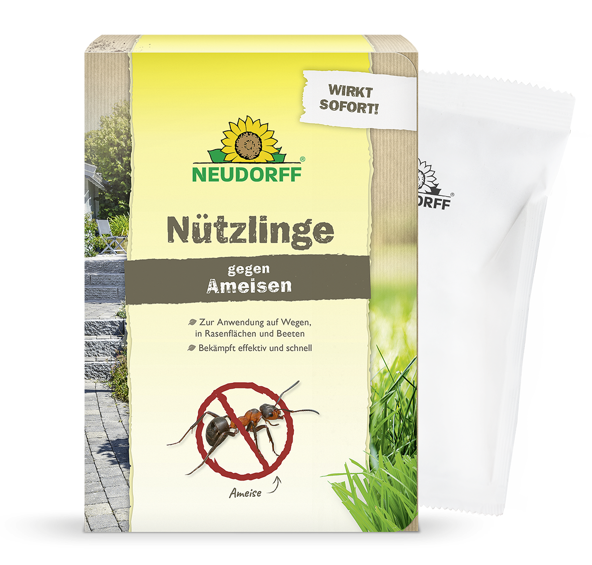 Eine Schachtel Neudorff Shop Nützlinge gegen Ameisen zeigt Abbildungen von Ameisen und ein durchgestrichenes Ameisensymbol, was darauf hinweist, dass es zur Bekämpfung von Ameisen auf Wegen, Rasenflächen und Blumenbeeten verwendet wird. Hinter der Schachtel befindet sich ein teilweise sichtbares weißes Päckchen.