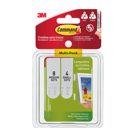 Ein Vorteilspack (17203) kleiner und mittelgroßer Command™ Bilder-Montage Strips von 3M Deutschland GmbH, 1 Stück, in Klarsichtverpackung mit rotem und gelbem Branding; Produktangaben in Deutsch, Englisch und Französisch.