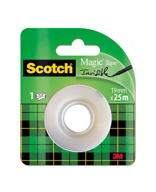 Eine grüne, schwarz-gelb karierte Packung enthält 1 Rolle Scotch® Magic™ Unsichtbares Klebeband (19 mm x 25 m) der 3M Deutschland GmbH; das 3M-Logo befindet sich in der rechten unteren Ecke.
