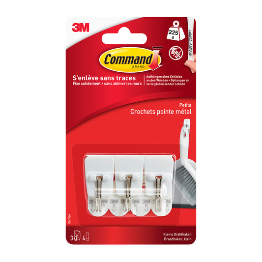 Eine Packung 3M Command™ Small Drahthaken (17067) mit einem Fassungsvermögen von bis zu 225 g, in rot-weißer Verpackung mit Beschriftung in Deutsch und Französisch, enthält weiße Haken mit Metallelementen von 3M Deutschland GmbH.