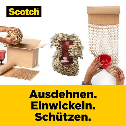 A person packs a red vase with Scotch™ Cushion Lock™ protective packaging, 30.4 cm x 9.14 m from 3M Deutschland GmbH; another packs a bowl. German text: "Expand. Wrap. Protect.