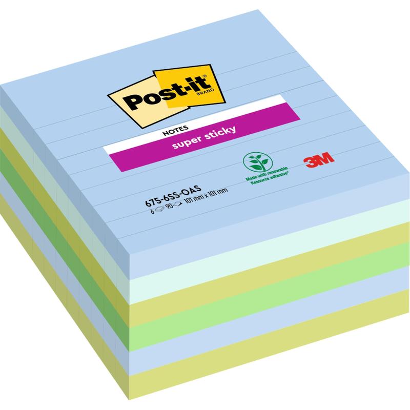 A stack of large Post-it® Super Sticky Notes (101 x 101 mm, 90 sheets, 100% PEFC) from 3M Deutschland GmbH. The top sheet is branded and forest certified.