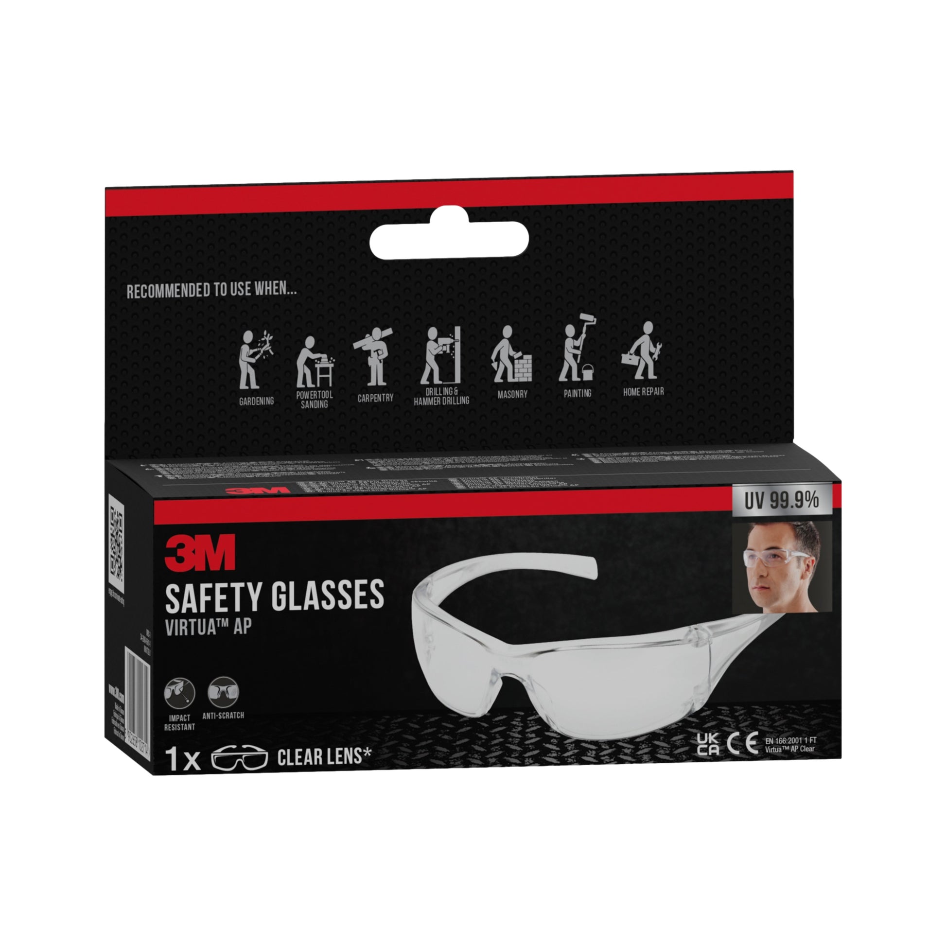Eine schwarz-rote Schachtel der 3M Deutschland GmbH 3M™ Virtua™ Schutzbrille AP, Klarsichtscheibe (1 Stück) mit einer Abbildung der Klarsichtbrille, einer Person, die sie trägt, Symbolen für die empfohlene Verwendung und Produktdetails auf der Vorderseite.
