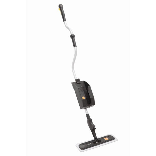 Das TASKI ProSpeed Gerät von Diversey Deutschland GmbH & Co. OHG, ein schwarz-silberner Mopp zum schnellen und einfachen Auftragen von Beschichtungen, mit ergonomischem Design und flachem, rechteckigem Kopf, steht aufrecht vor einem weißen Hintergrund.