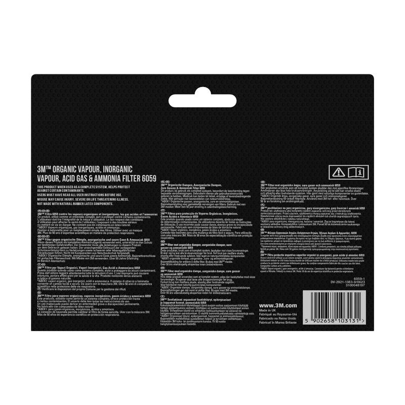 Back view of the 3M™ Filter Cartridge 6055, A2 Organic Vapors packaging from 3M Deutschland GmbH with detailed multilingual product information, safety symbols, barcode, and website on a black background.