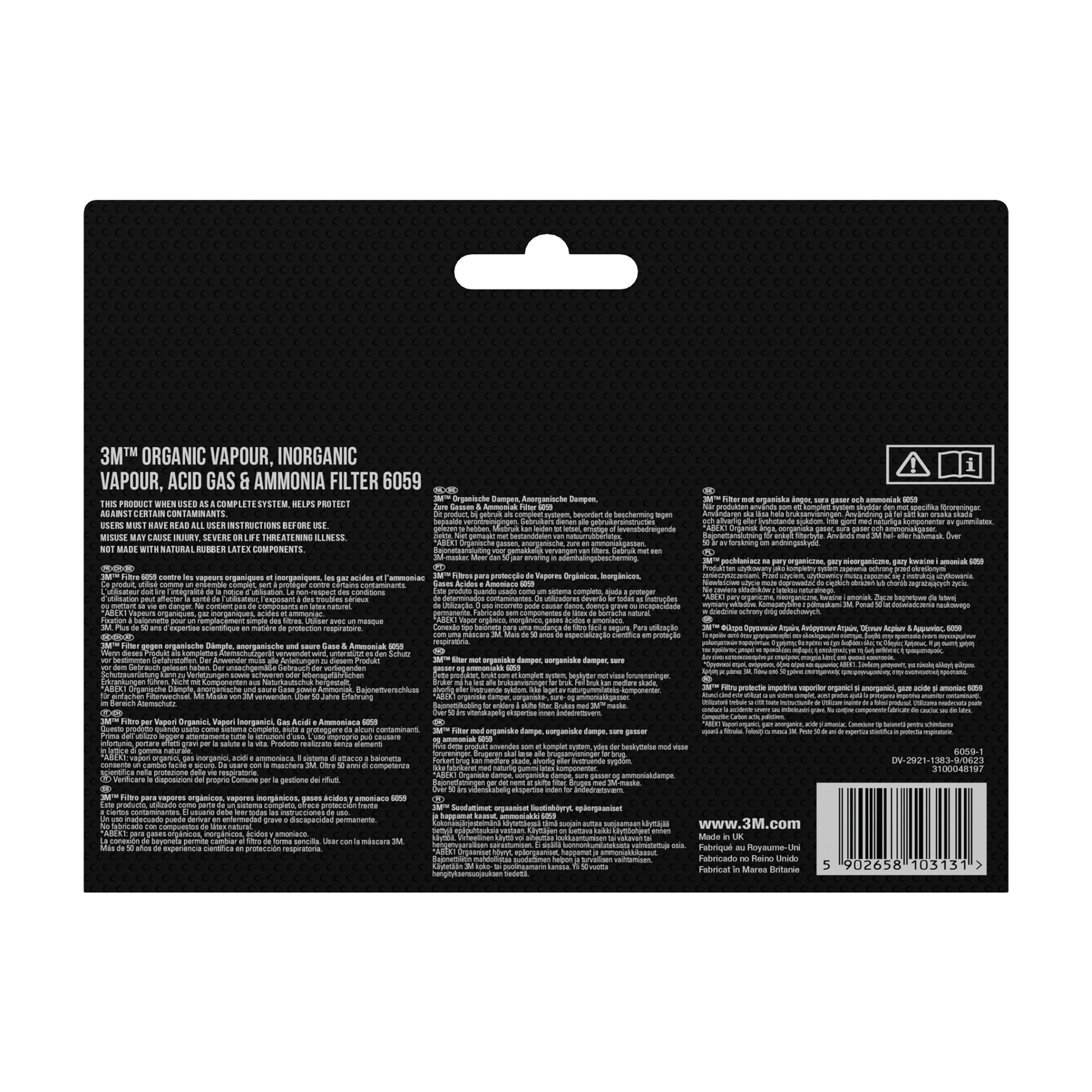 Rückansicht der 3M™ Filterpatrone 6055, A2 Organische Dämpfe Verpackung der 3M Deutschland GmbH mit detaillierten mehrsprachigen Produktinformationen, Sicherheitssymbolen, Barcode und Website auf schwarzem Hintergrund.