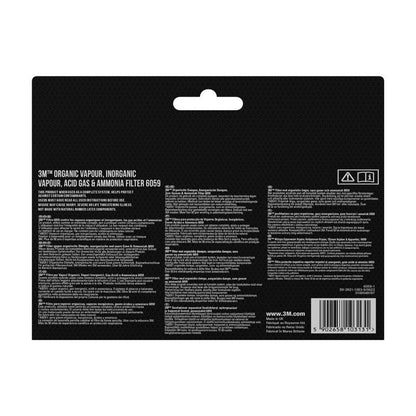 Back view of the 3M™ Filter Cartridge 6055, A2 Organic Vapors packaging from 3M Deutschland GmbH with detailed multilingual product information, safety symbols, barcode, and website on a black background.