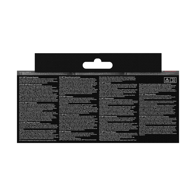 The image shows the back of a 3M™ Aura™ Comfort Cool Flow™ Particulate Respirator 9322+, FFP2, with valve packaging from 3M Deutschland GmbH with multilingual instructions and warnings in small white print on a black background and a hanging tab at the top.