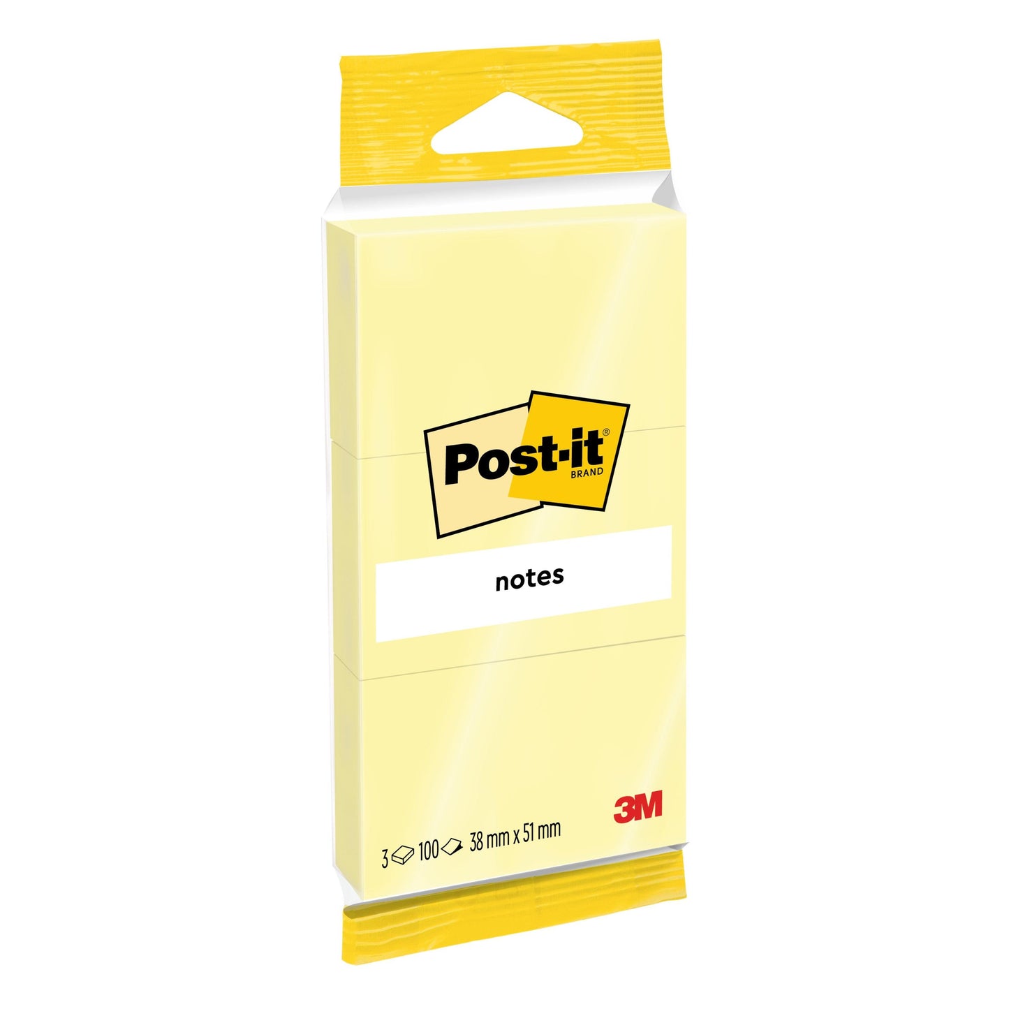 A pack of Post-it® Notes 6810GB, 38 x 51 mm, yellow, 3 pads of 100 sheets each from 3M Deutschland GmbH; ideal sticky notes for reminders and made from 100% PEFC-certified paper (SGSCH-PEFC-COC-110078).