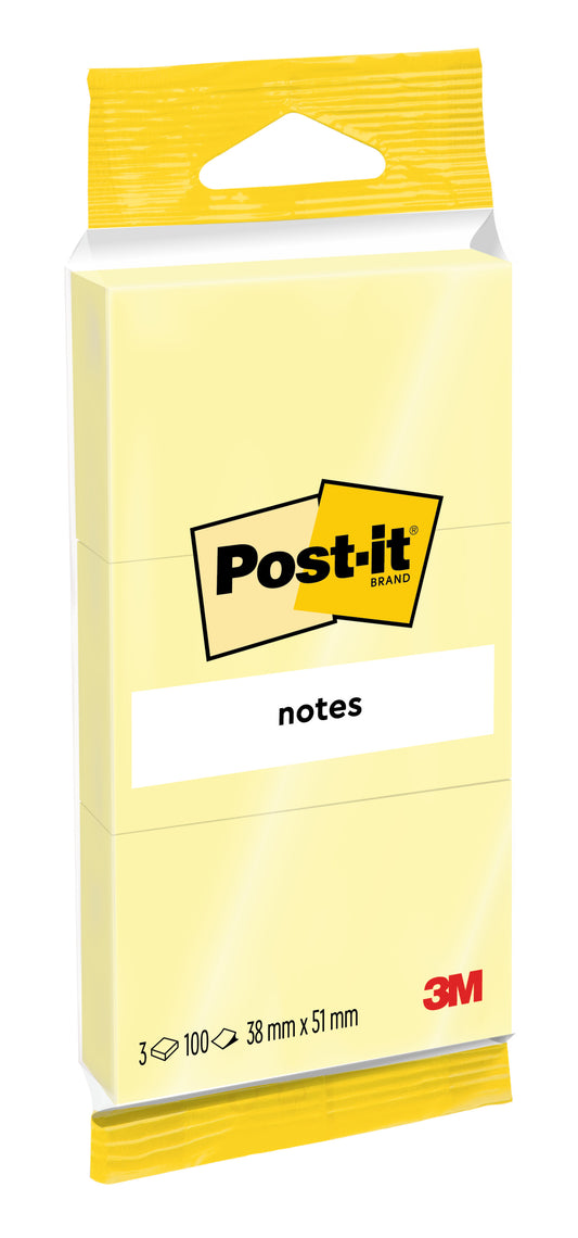 Eine Packung Post-it® Notes 6810GB von 3M Deutschland GmbH enthält 3 gelbe Blöcke (38 x 51 mm, je 100 Blatt), ist PEFC-zertifiziert (SGSCH-PEFC-COC-110078) und wird in einer Markenverpackung geliefert.