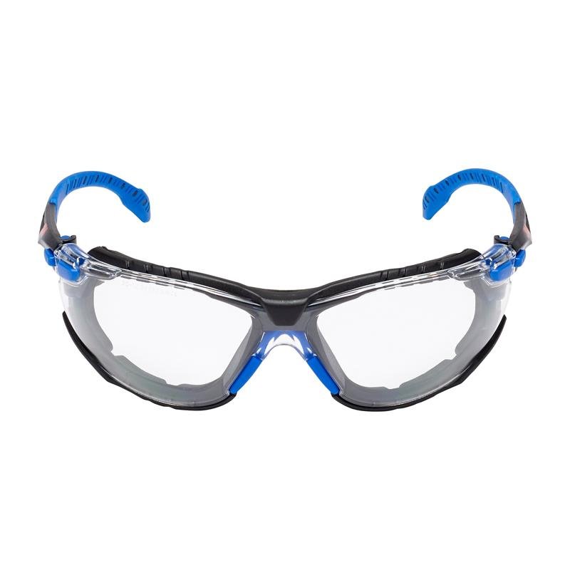 The 3M™ Solus™ Safety Glasses 1000 from 3M Deutschland GmbH feature clear lenses, a black frame with blue accents and curved temples, a wraparound design, a Scotchgard™ anti-fog coating, and a removable foam gasket. Pictured on a white background.