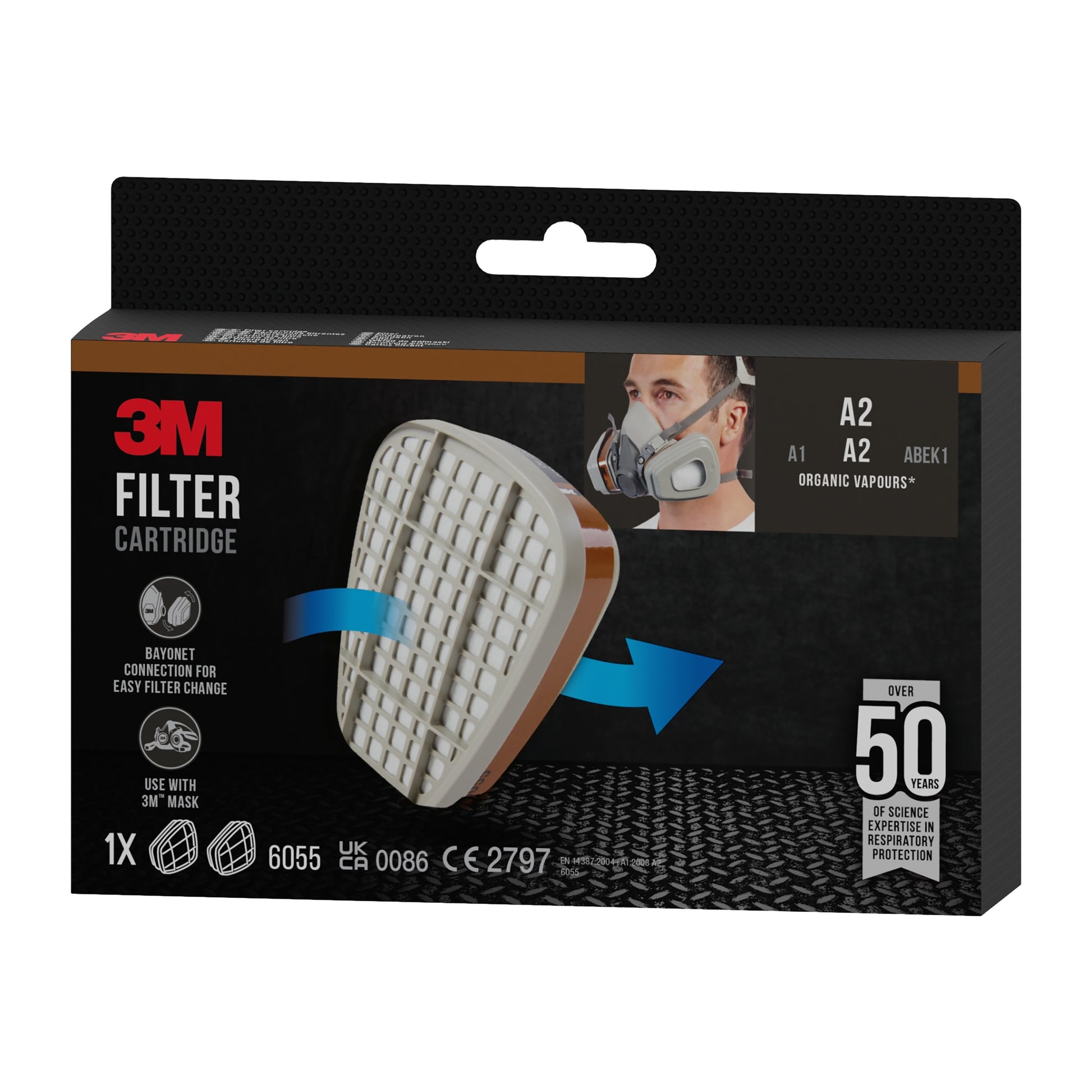 Eine Schachtel 3M™ Filterpatrone 6055, A2 Organische Dämpfe von 3M Deutschland GmbH, mit dem Bild einer Patrone, einem maskierten Träger und dem Text, dass sie für organische Dämpfe (A2) ist, kompatibel mit 3M Masken; eine Patrone pro Schachtel.