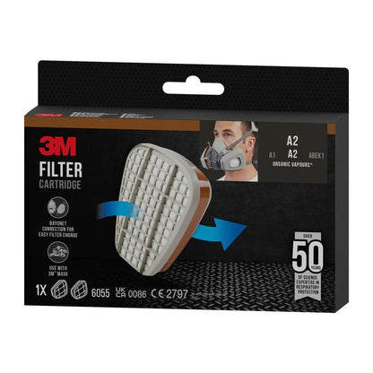 A box of 3M™ Filter Cartridge 6055, A2 Organic Vapors from 3M Deutschland GmbH, with the image of a cartridge, a masked wearer, and text stating it is for organic vapors (A2), compatible with 3M masks; one cartridge per box.