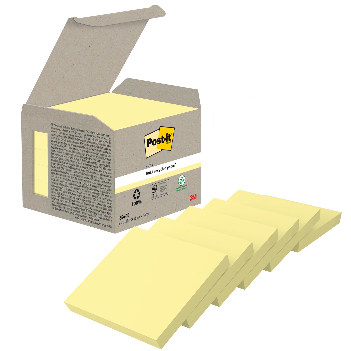 An open box of 3M Deutschland GmbH Post-it® Recycling Notes (76 mm x 76 mm, 100 sheets per pad, 100% PEFC) shows several yellow sticky note pads in a row.