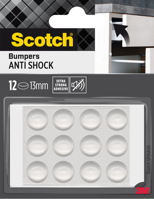 Eine Packung Scotch® Stoßabsorbierende Elastikpuffer, selbsthaftend, transparent von 3M Deutschland GmbH, mit zwölf 13 mm großen, klaren Klebepuffern in einer Markenblisterpackung mit einer Illustration zur Verwendung an Möbeln.