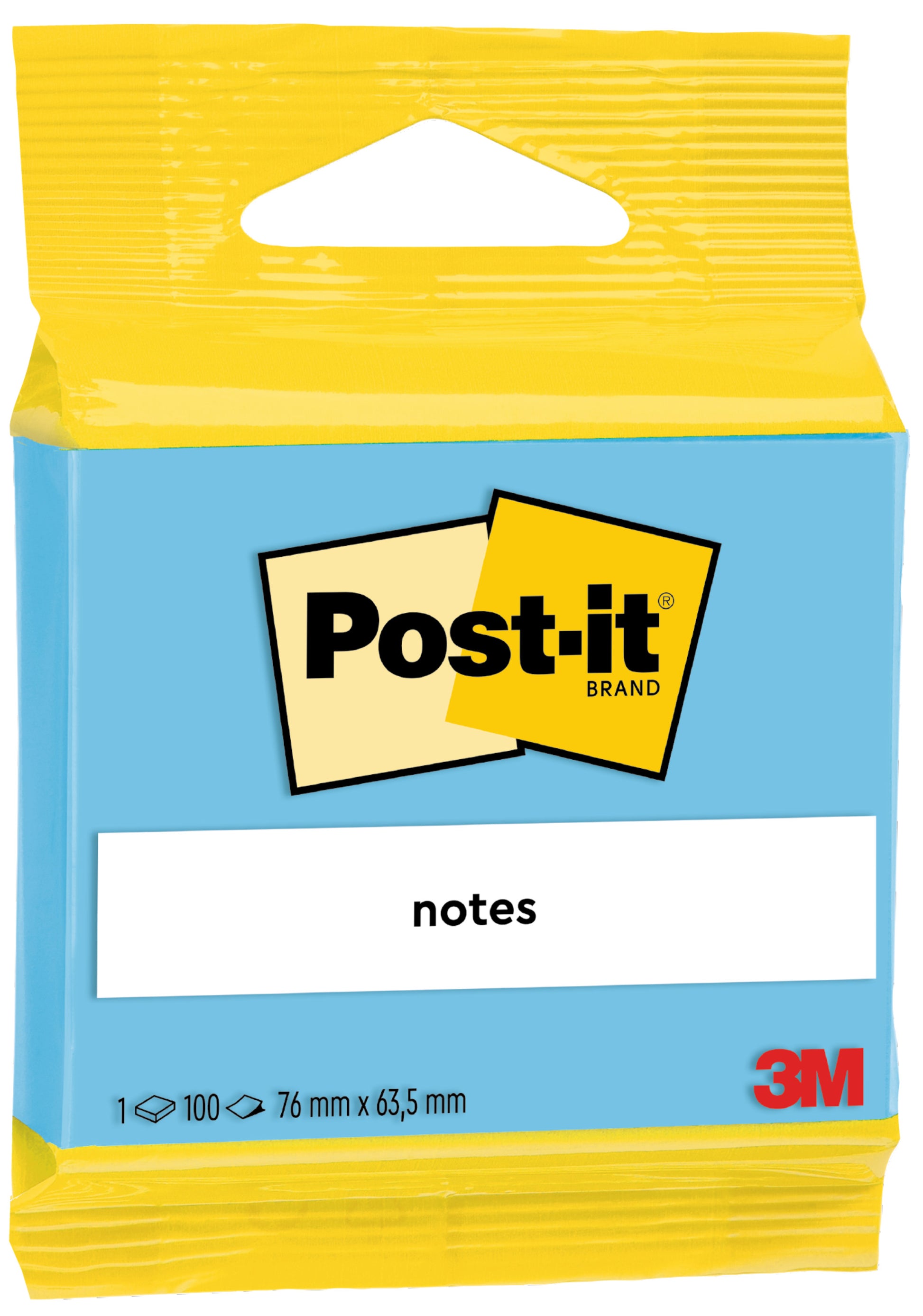 Eine Packung Post-it® Notes der 3M Deutschland GmbH, 100% PEFC, enthält 100 Blatt im Format 63,5 mm x 76 mm und ist gelb und blau mit dem Post-it Logo gestaltet.