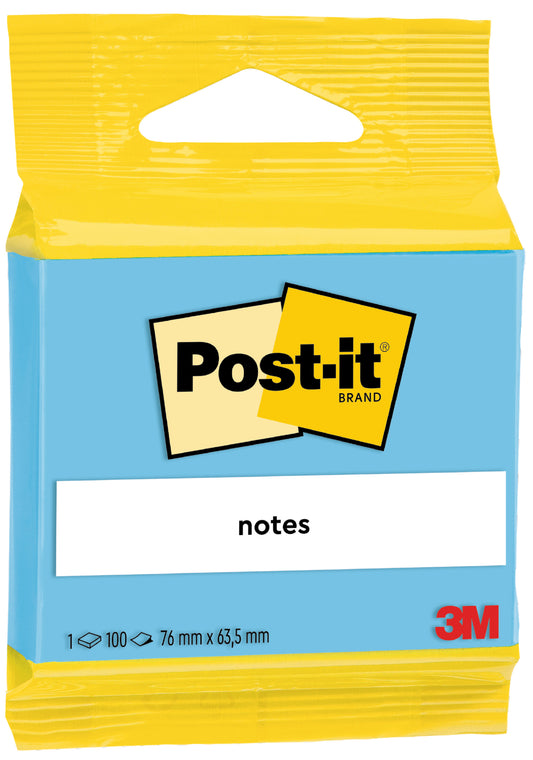Eine Packung Post-it® Notes der 3M Deutschland GmbH, 100% PEFC, enthält 100 Blatt im Format 63,5 mm x 76 mm und ist gelb und blau mit dem Post-it Logo gestaltet.