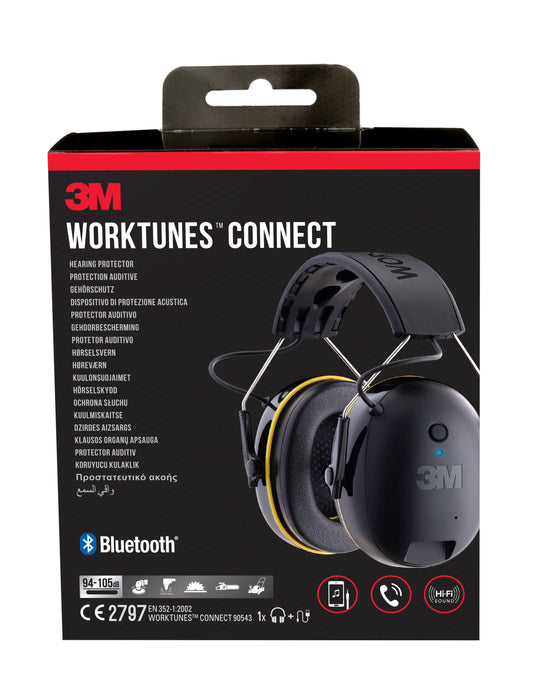 Eine schwarz-rote 3M™ WorkTunes™ Connect Kapselgehörschutz 90543E (Bluetooth®, SNR 31 dB, Schwarz, 1 Stück) Box der 3M Deutschland GmbH, mit einem Kopfhörerbild und mehrsprachiger Produktinformation auf der Vorderseite.