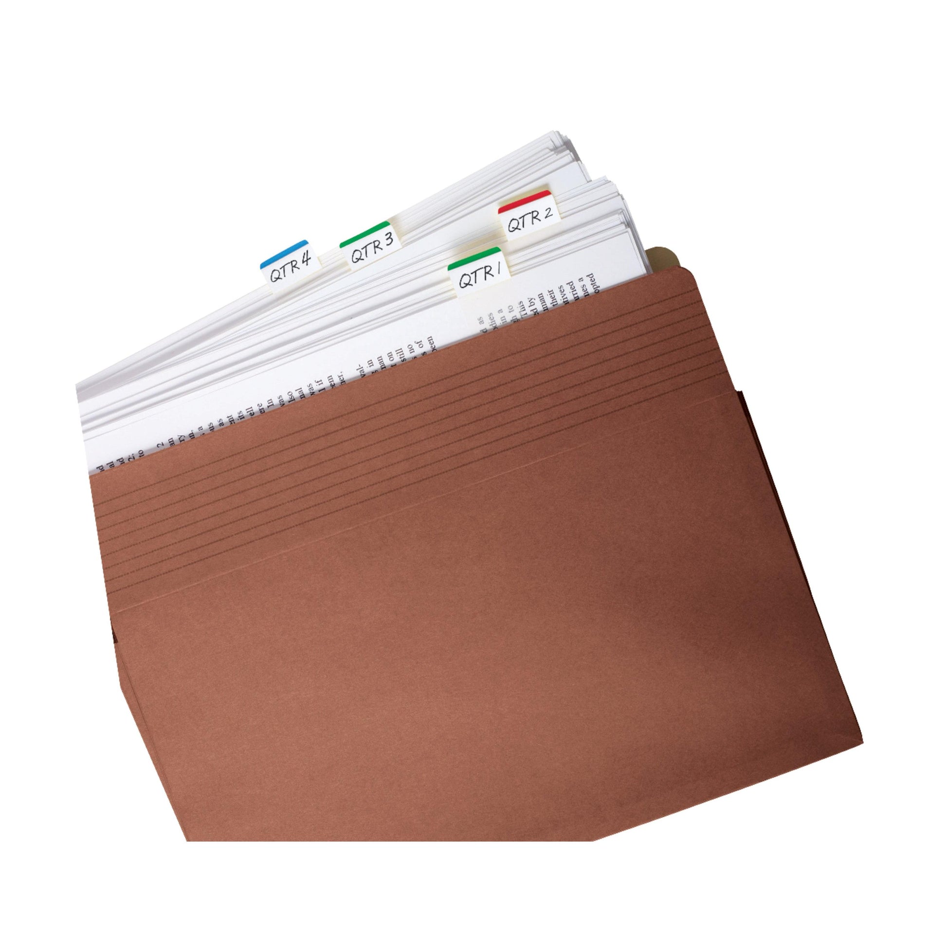 Eine braune Aktenmappe mit Dokumenten, getrennt durch 3M Deutschland GmbH Post-it® Index Strong Ablagetabs, Standard, 25,4 x 38,1 mm, in verschiedenen Farben mit den Bezeichnungen "QTR 1", "QTR 2", "QTR 3" und "QTR 4".