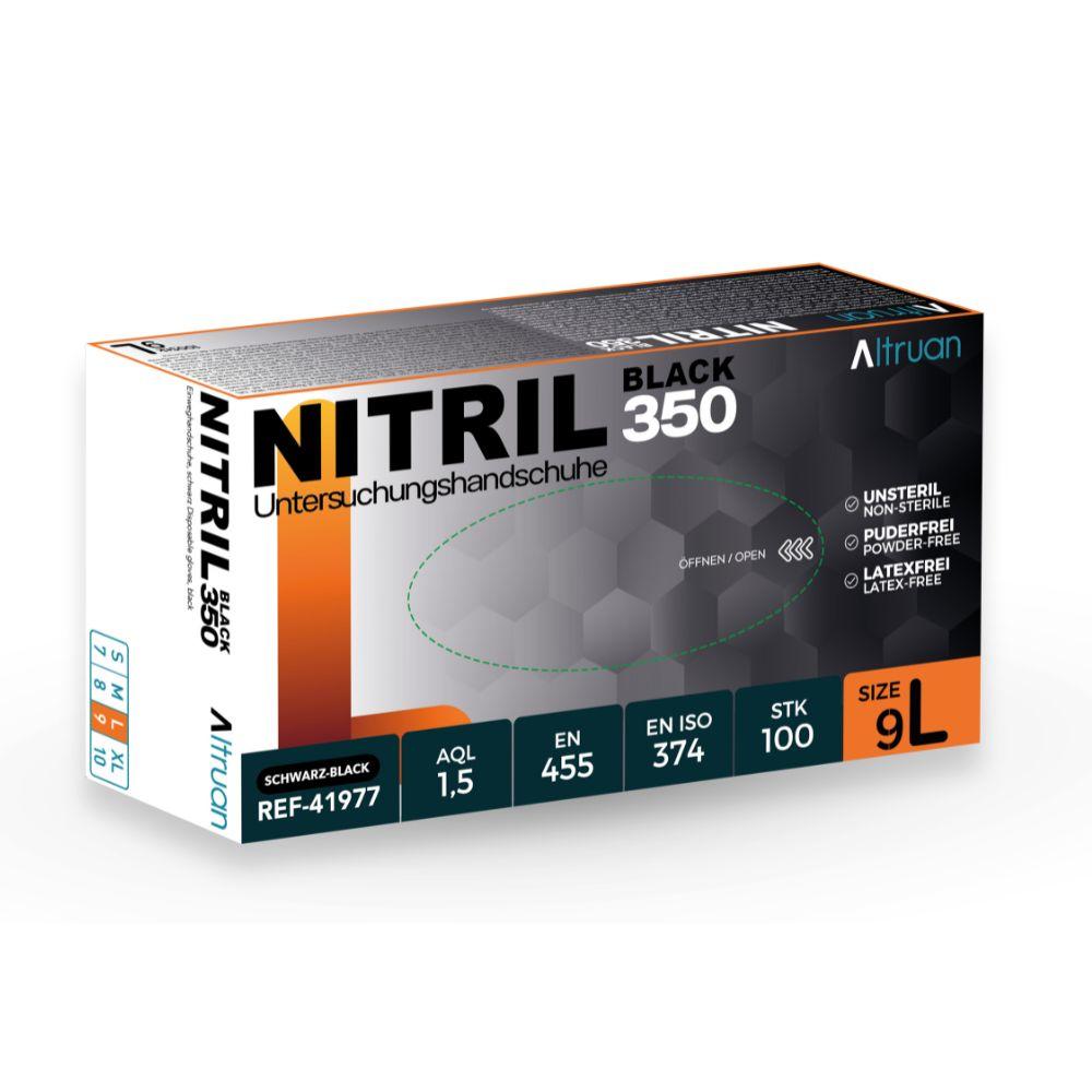 Eine Packung Altruan Nitril 350 Black Einmalhandschuhe von BINGOLD GmbH + Co. KG enthält 100 schwarze, latexfreie Handschuhe, Größe 9/L, mit Zertifikaten auf der Verpackung und praktischer Aufreißperforation.