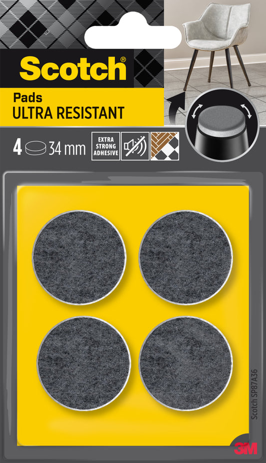 Die Verpackung der 3M Deutschland GmbH Scotch® Extrem beständige Filzpads SP87A36 zeigt pro Packung vier runde, grau/weiße, selbstklebende Pads (Ø 34 mm) zum Schutz von Oberflächen mit extra starkem Kleber - ideal für den Einsatz unter Stuhlbeinen.