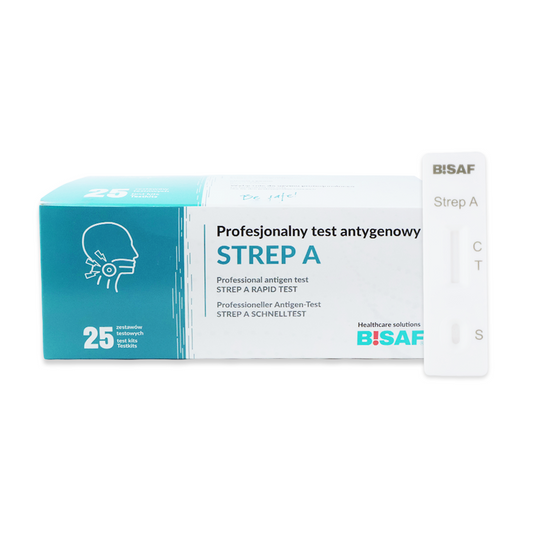Eine Schachtel Strep A - Bisaf Professional 25 Tests von Altruan wird neben einem weißen Schnelltestgerät mit der Aufschrift Strep A Schnelltest mit den Bereichen "C" und "T" gezeigt. Die Packung enthält 25 Tests für Gruppe A Streptokokken Rachenabstrich.