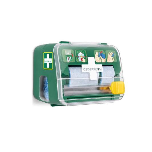 Die Cederroth Weichschaumbinde 2-in-1 Spender von Orkla Wound Care AB ist ein grün-weißes Wand-Set mit transparentem Deckel, das Verbandsmaterial (6 Stück) enthält und eine bebilderte Anleitung auf der Vorderseite aufweist.