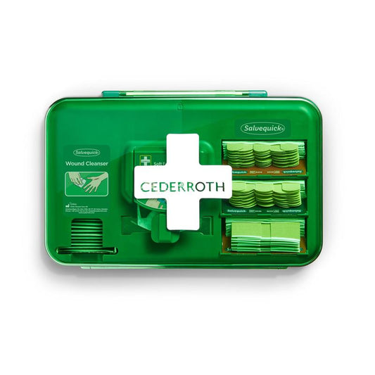 Der Orkla Wound Care AB Cederroth Wound Care Dispenser ist ein grünes, transparentes Set (20,3x30,6x15,5cm) mit einem weißen Kreuz, das mit Wundreiniger, verschiedenen Pflastern und Verbänden in Folienbeuteln ausgestattet ist.